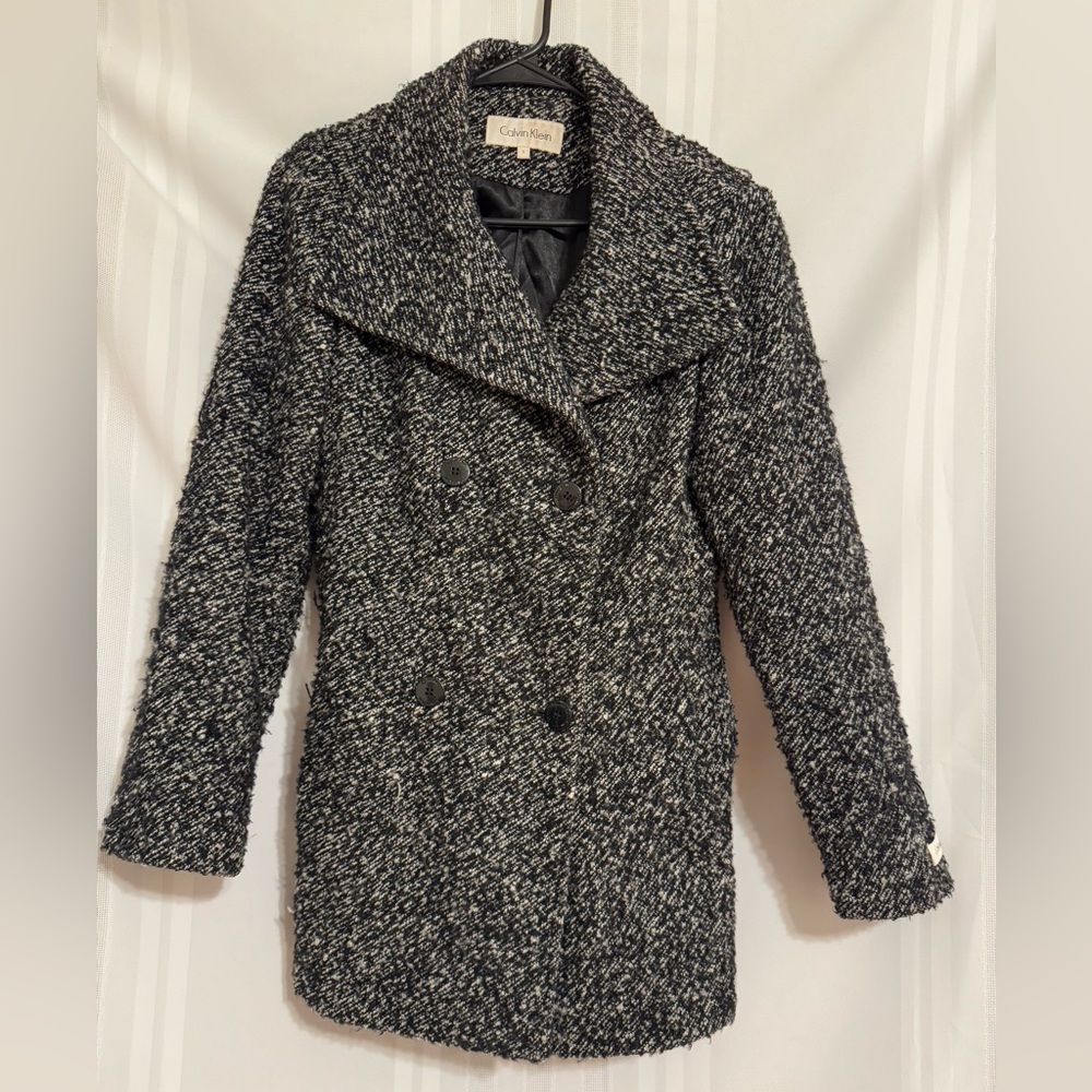Calvin Klein Long Sleeve Double Breasted Wool Blend Tweed Blazer Size S VGUC